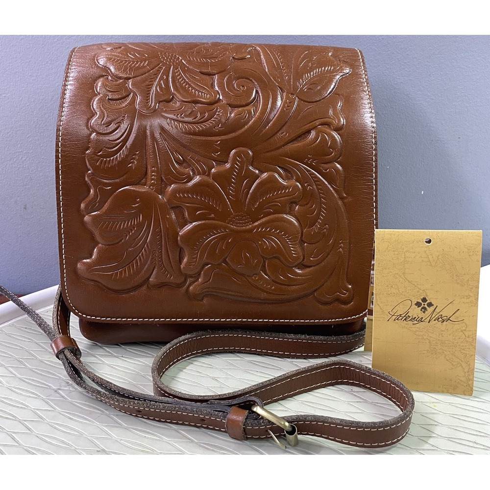 Patricia Nash Leather Women Florence Crossbody Tooled Purse Brown Bag 9x8.5x1.5"